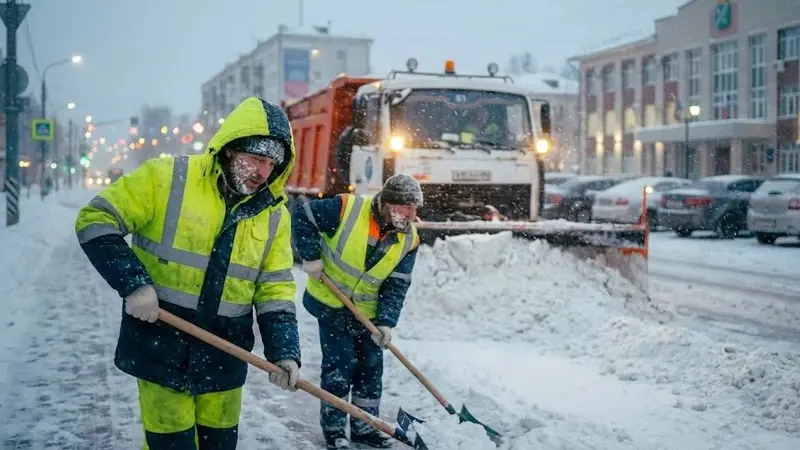 Снегоуборочная техника на улицах Наро-Фоминска во время метели