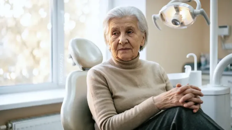 Пожилая женщина на приёме у стоматолога — бесплатное зубное протезирование по ОМС для пенсионеров