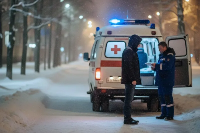 Машина скорой помощи на улице Наро-Фоминска ночью зимой