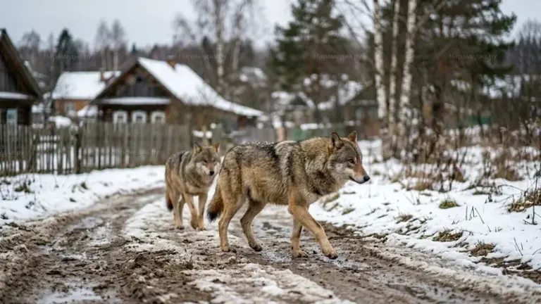 Волк вблизи деревни в Подмосковье зимой 2026 года