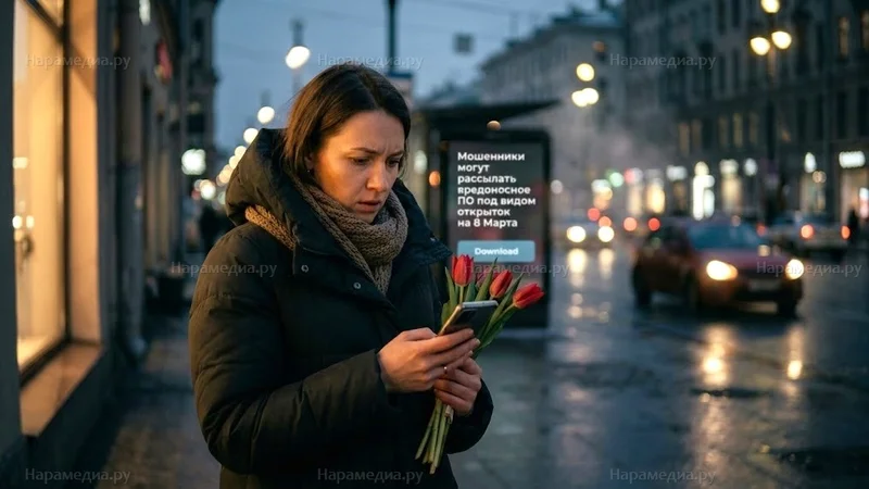 Смартфон с подозрительным сообщением-поздравлением на экране — схема мошенничества перед 8 Марта