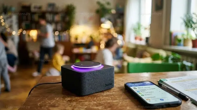 Яндекс Станция с голосовым помощником Алиса рядом со смартфоном с приложением электронного дневника Моя школа