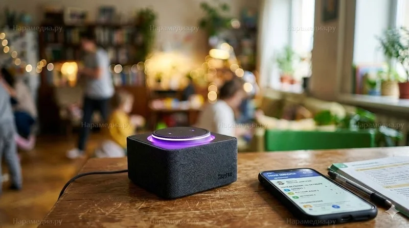 Яндекс Станция с голосовым помощником Алиса рядом со смартфоном с приложением электронного дневника Моя школа