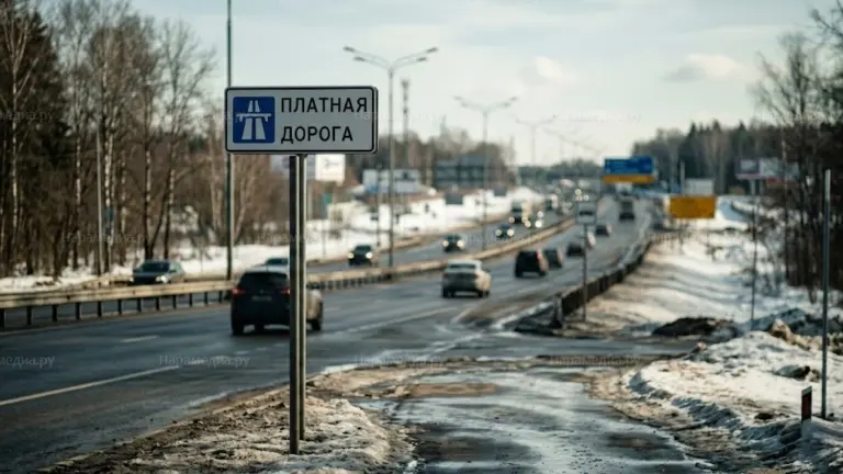 Знак платной дороги на трассе М-3 «Украина» в районе Наро-Фоминска, Московская область, март 2026