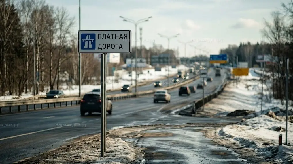Знак платной дороги на трассе М-3 «Украина» в районе Наро-Фоминска, Московская область, март 2026