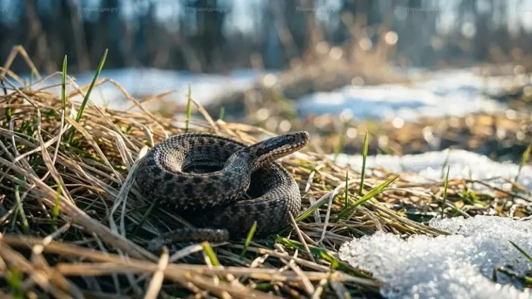 Гадюка обыкновенная в траве Московской области — фото для новости о пробуждении змей весной
