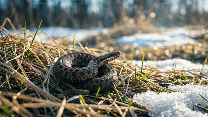 Гадюка обыкновенная в траве Московской области — фото для новости о пробуждении змей весной