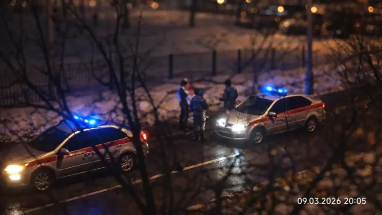 Два экипажа Росгвардии с включёнными мигалками у станции Бекасово в Наро-Фоминске, 9 марта 2026 года, 20:05