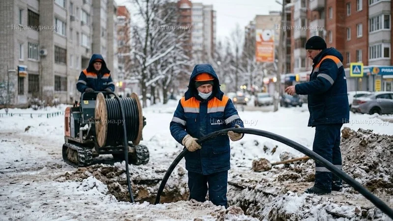 Рабочие Мособлэнерго проводят замену кабеля электропередачи